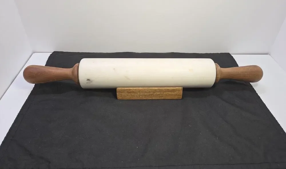 Pampered Chef White Marble Rolling Pin #1607 w/ Wood Handles & Cradle Stand